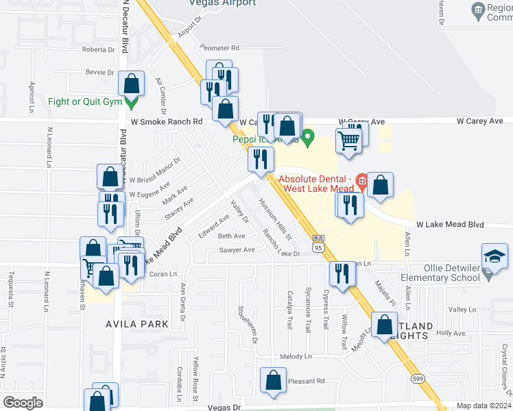 map of restaurants, bars, coffee shops, grocery stores, and more near 2151 Hussium Hills Street in Las Vegas