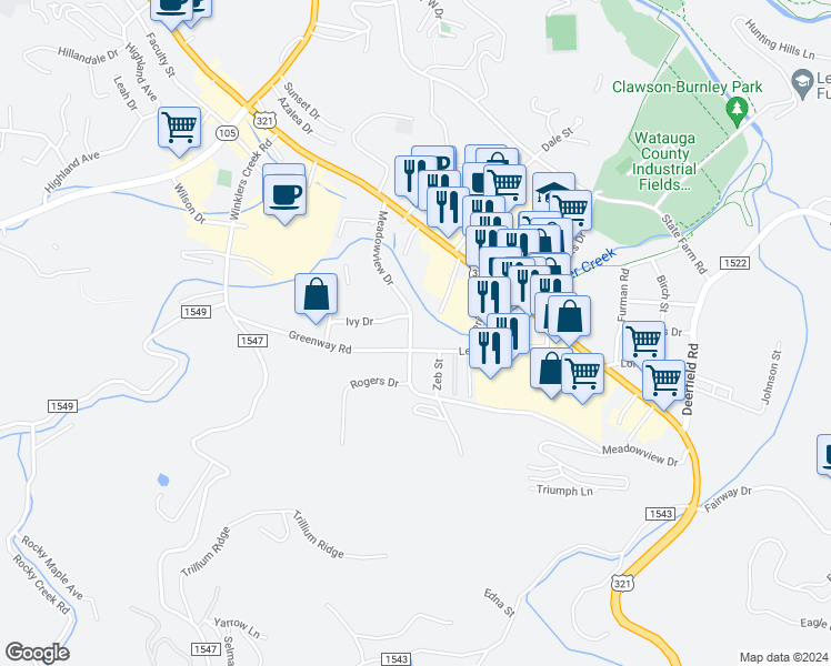 map of restaurants, bars, coffee shops, grocery stores, and more near 407 Meadowview Drive in Boone