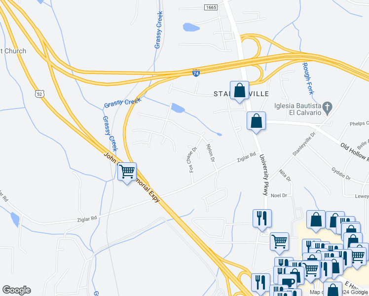 map of restaurants, bars, coffee shops, grocery stores, and more near 5858 Bushberry Court in Winston-Salem