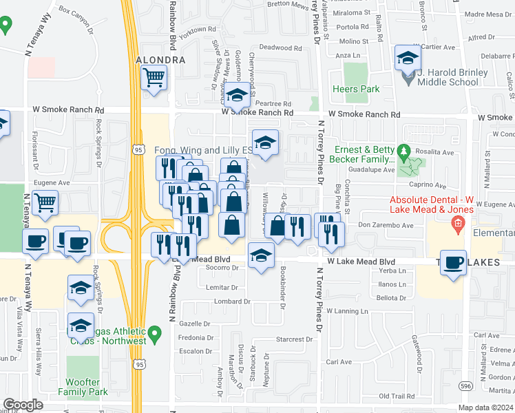 map of restaurants, bars, coffee shops, grocery stores, and more near 2116 Bavington Drive in Las Vegas