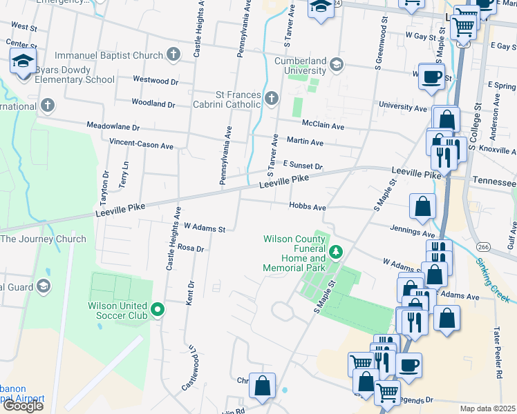 map of restaurants, bars, coffee shops, grocery stores, and more near 446 Hobbs Avenue in Lebanon