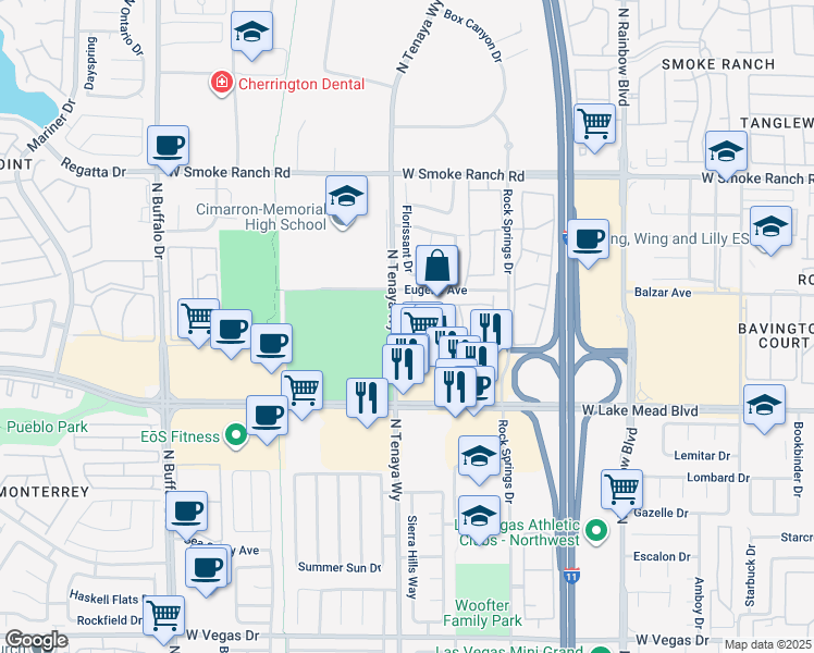 map of restaurants, bars, coffee shops, grocery stores, and more near 2150 North Tenaya Way in Las Vegas