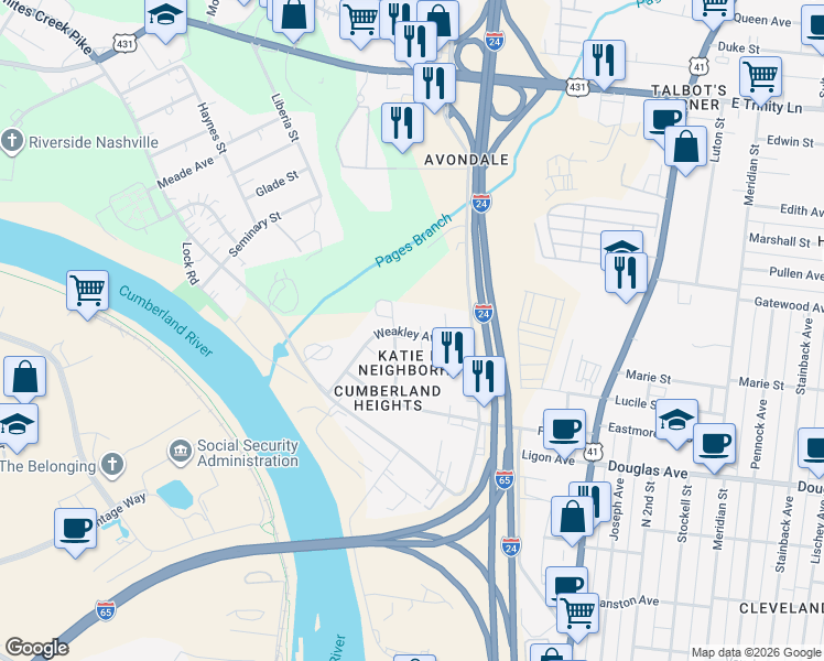 map of restaurants, bars, coffee shops, grocery stores, and more near 1225A Katie Avenue in Nashville