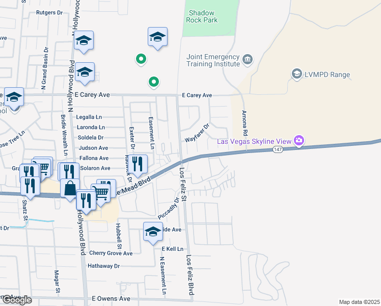 map of restaurants, bars, coffee shops, grocery stores, and more near in Sunrise Manor