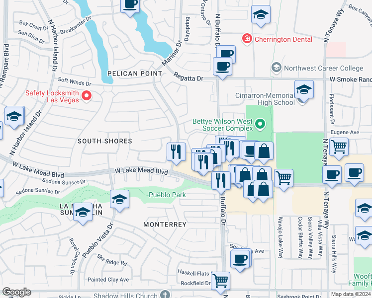 map of restaurants, bars, coffee shops, grocery stores, and more near 7720 Secret Shore Drive in Las Vegas