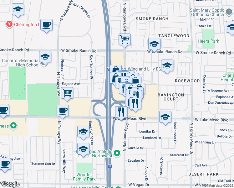 map of restaurants, bars, coffee shops, grocery stores, and more near 2021 North Rainbow Boulevard in Las Vegas