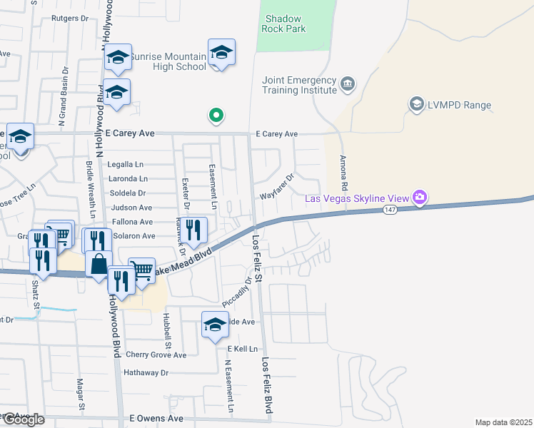 map of restaurants, bars, coffee shops, grocery stores, and more near in Sunrise Manor