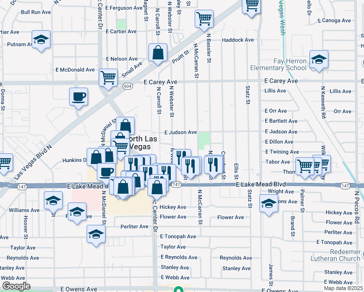 map of restaurants, bars, coffee shops, grocery stores, and more near 2122 North Webster Street in North Las Vegas