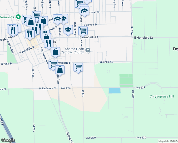 map of restaurants, bars, coffee shops, grocery stores, and more near 328 South Harvard Avenue in Lindsay