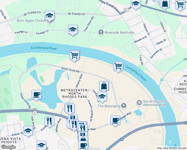 map of restaurants, bars, coffee shops, grocery stores, and more near 310 Great Circle Road in Nashville