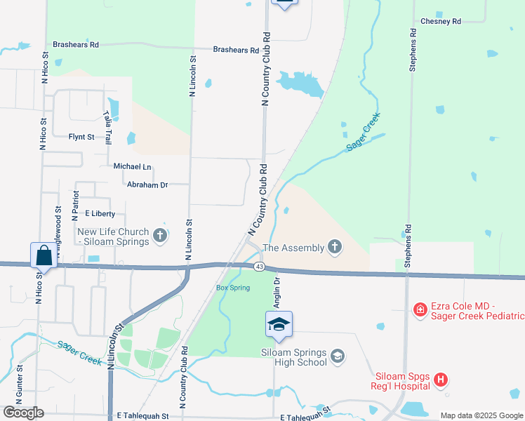 map of restaurants, bars, coffee shops, grocery stores, and more near North Country Club Road in Siloam Springs