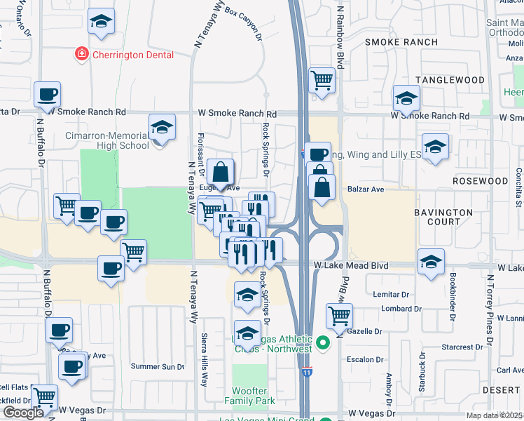 map of restaurants, bars, coffee shops, grocery stores, and more near 2150 Tenaya Way in Las Vegas