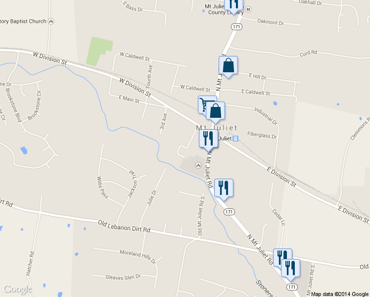 map of restaurants, bars, coffee shops, grocery stores, and more near 1940 N Mt Juliet Rd in Mt Juliet