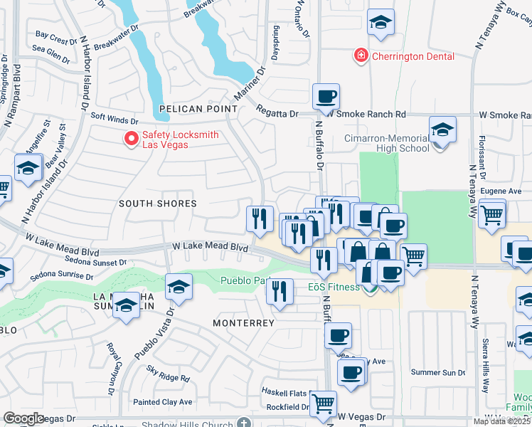 map of restaurants, bars, coffee shops, grocery stores, and more near 7730 Secret Shore Drive in Las Vegas