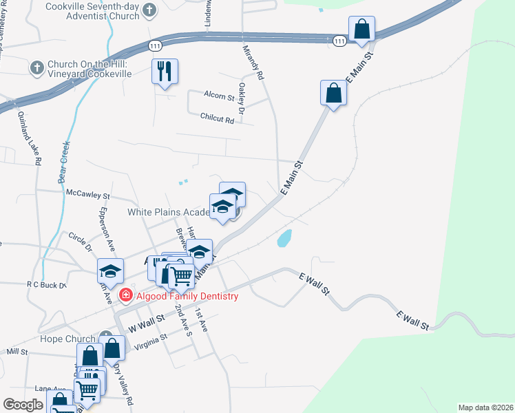 map of restaurants, bars, coffee shops, grocery stores, and more near 318 East Main Street in Cookeville