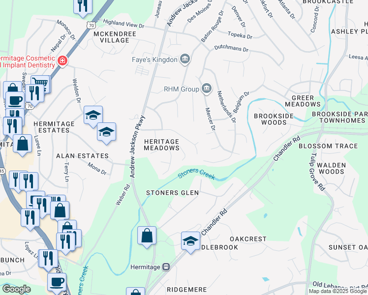 map of restaurants, bars, coffee shops, grocery stores, and more near 1448 Stoner Ridge in Nashville