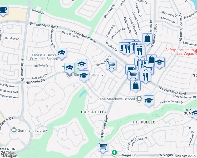 map of restaurants, bars, coffee shops, grocery stores, and more near 2124 Hillsgate Street in Las Vegas