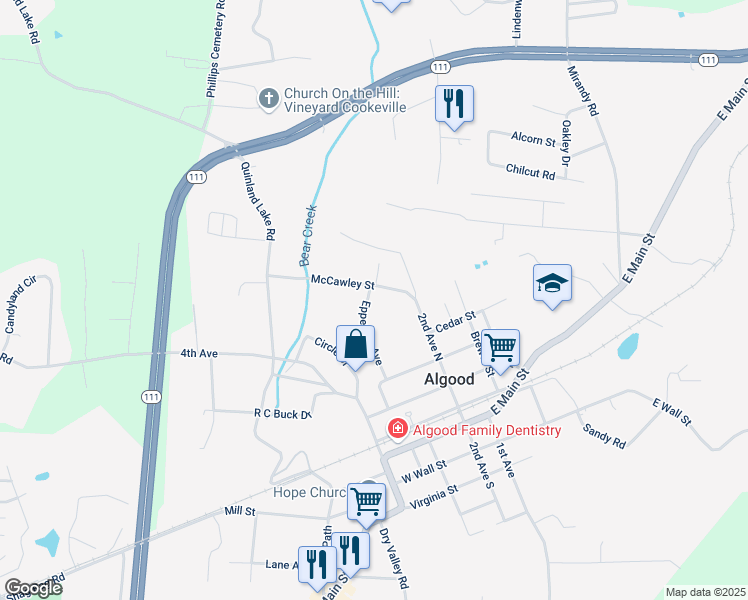 map of restaurants, bars, coffee shops, grocery stores, and more near 198 Epperson Avenue in Cookeville