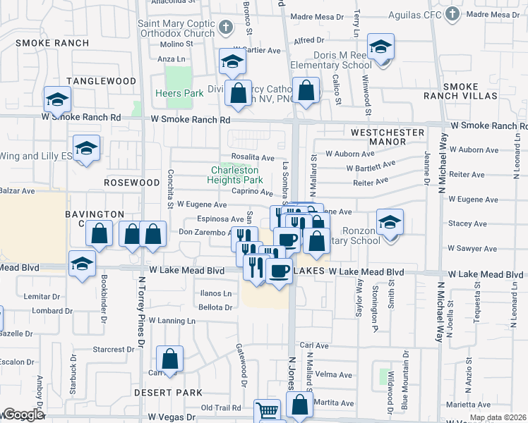 map of restaurants, bars, coffee shops, grocery stores, and more near 6148 Ethel May Avenue in Las Vegas