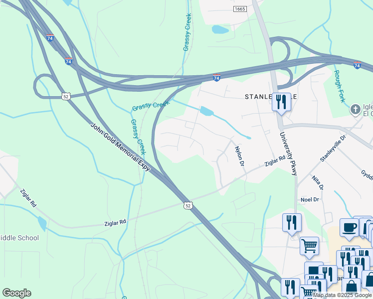 map of restaurants, bars, coffee shops, grocery stores, and more near 121 Grainwood Court in Winston-Salem