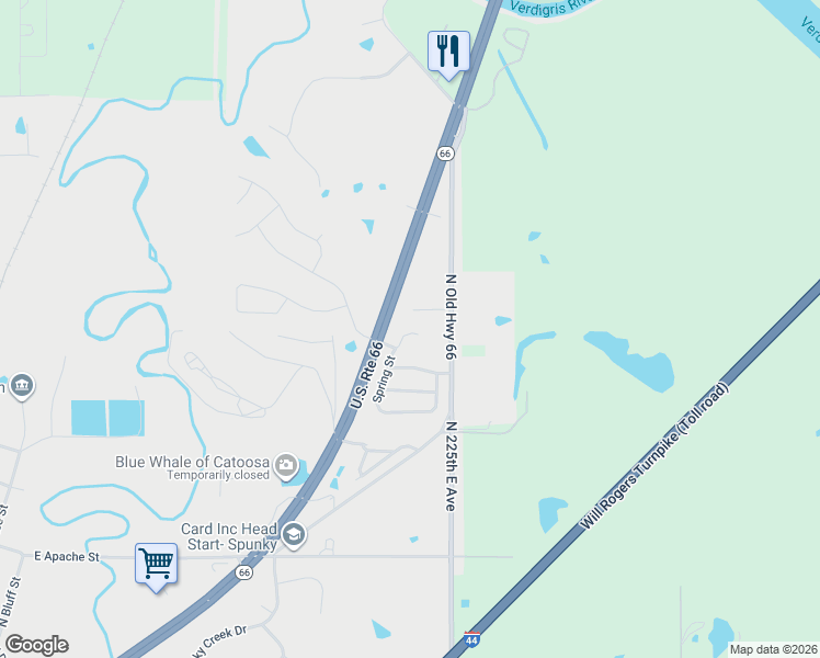 map of restaurants, bars, coffee shops, grocery stores, and more near 3060 Spring Street in Catoosa