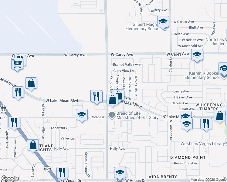 map of restaurants, bars, coffee shops, grocery stores, and more near 2136 Patriotic Lane in North Las Vegas
