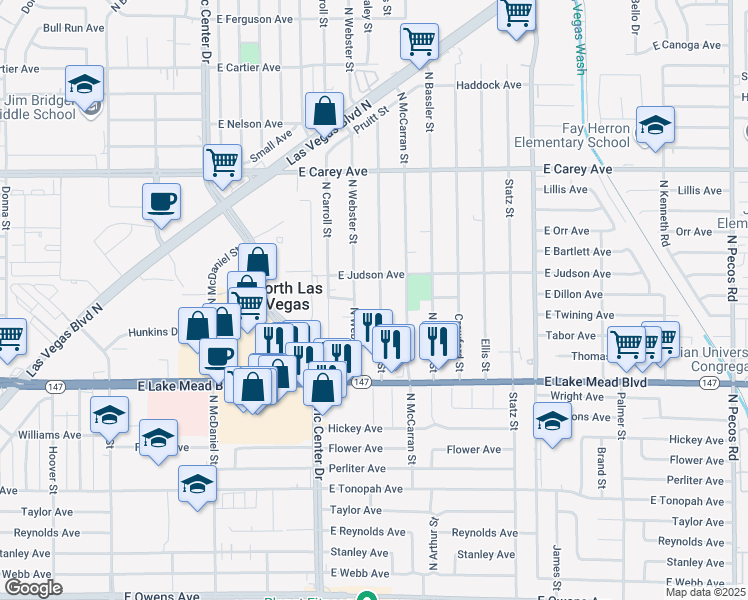 map of restaurants, bars, coffee shops, grocery stores, and more near 2122 North Webster Street in North Las Vegas