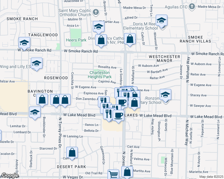map of restaurants, bars, coffee shops, grocery stores, and more near 6148 Ethel May Avenue in Las Vegas