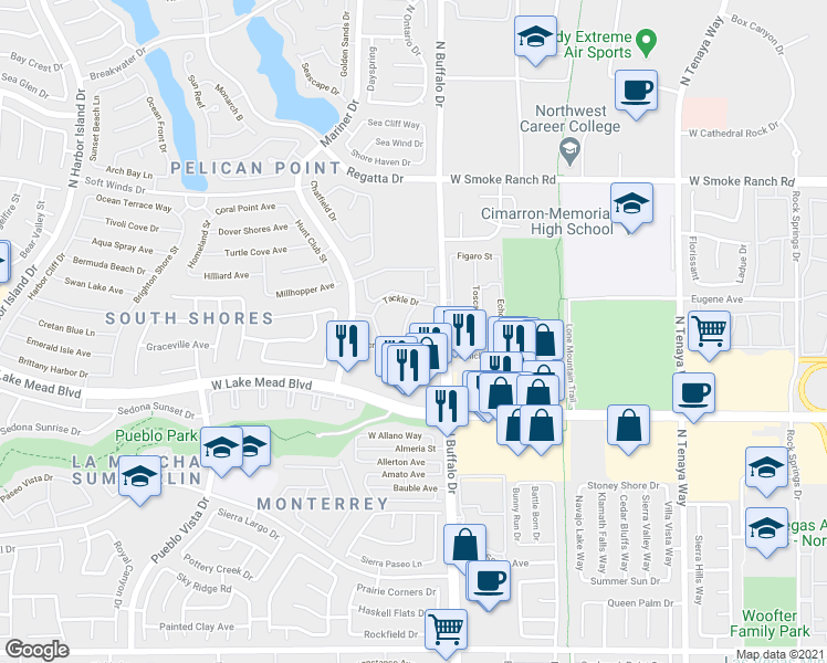 map of restaurants, bars, coffee shops, grocery stores, and more near 7620 Secret Shore Drive in Las Vegas