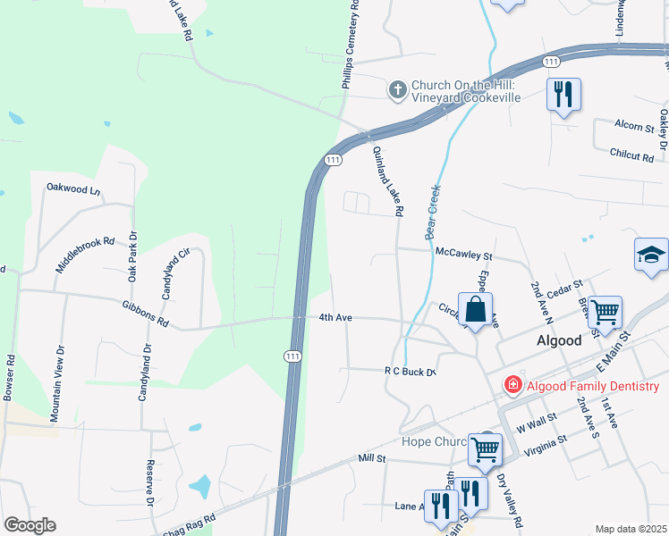 map of restaurants, bars, coffee shops, grocery stores, and more near 360 4th Avenue North in Cookeville