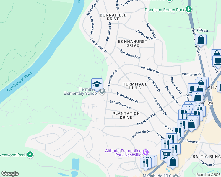 map of restaurants, bars, coffee shops, grocery stores, and more near 5005 Bonnameade Drive in Nashville