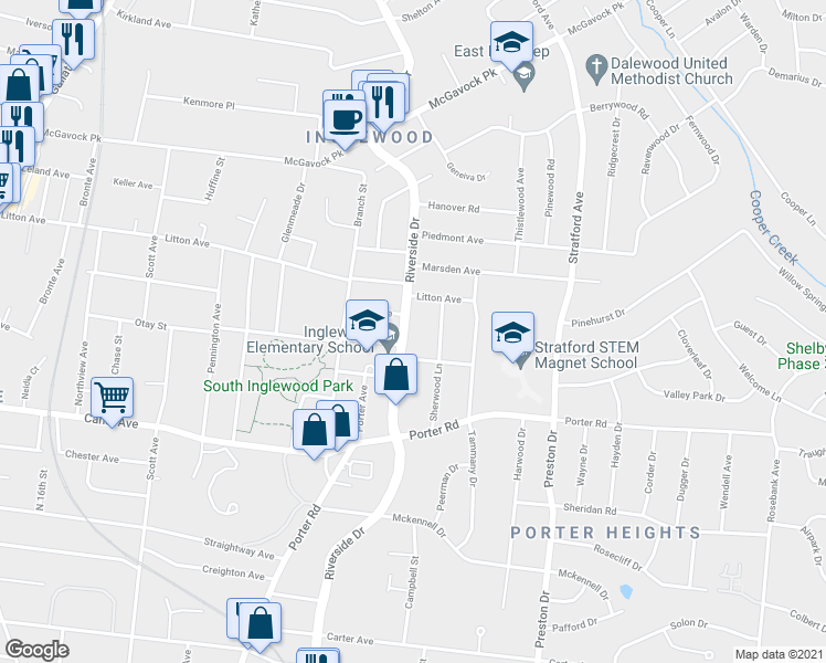map of restaurants, bars, coffee shops, grocery stores, and more near 1801 Riverside Drive in Nashville