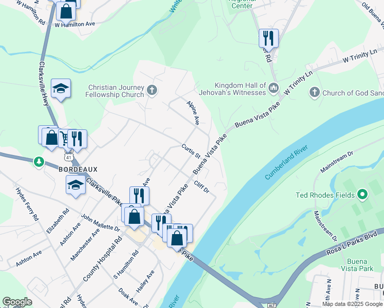 map of restaurants, bars, coffee shops, grocery stores, and more near 3101 Curtis Street in Nashville