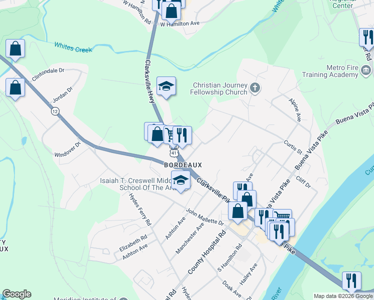 map of restaurants, bars, coffee shops, grocery stores, and more near 3634B Clarksville Pike in Nashville