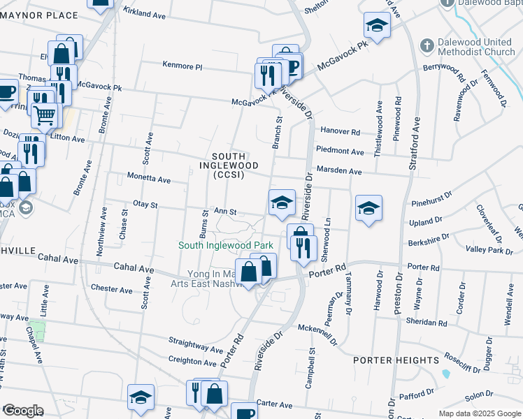 map of restaurants, bars, coffee shops, grocery stores, and more near 1702 Branch Street in Nashville