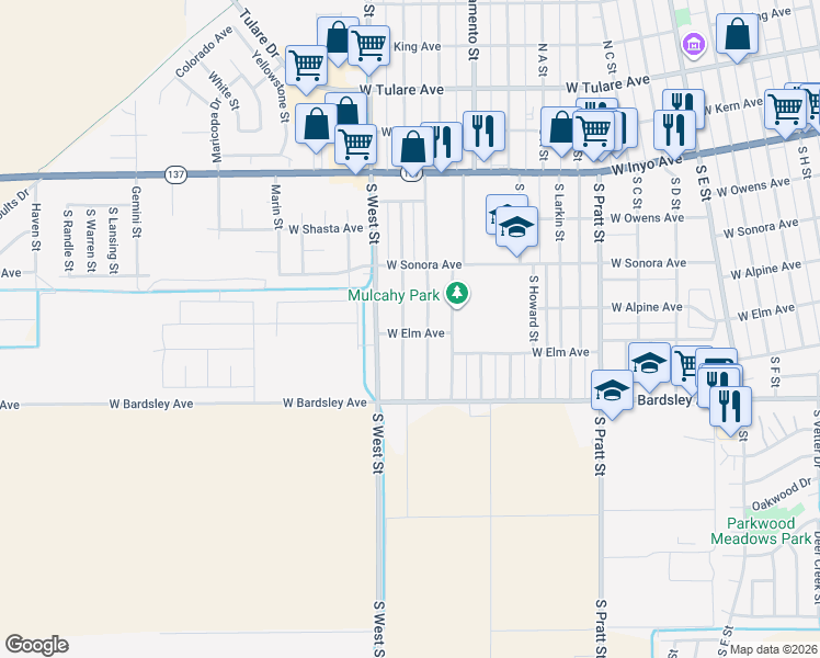 map of restaurants, bars, coffee shops, grocery stores, and more near 630 South Los Angeles Street in Tulare