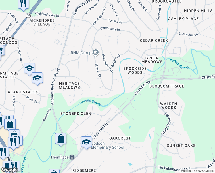 map of restaurants, bars, coffee shops, grocery stores, and more near 812 Netherlands Drive in Nashville