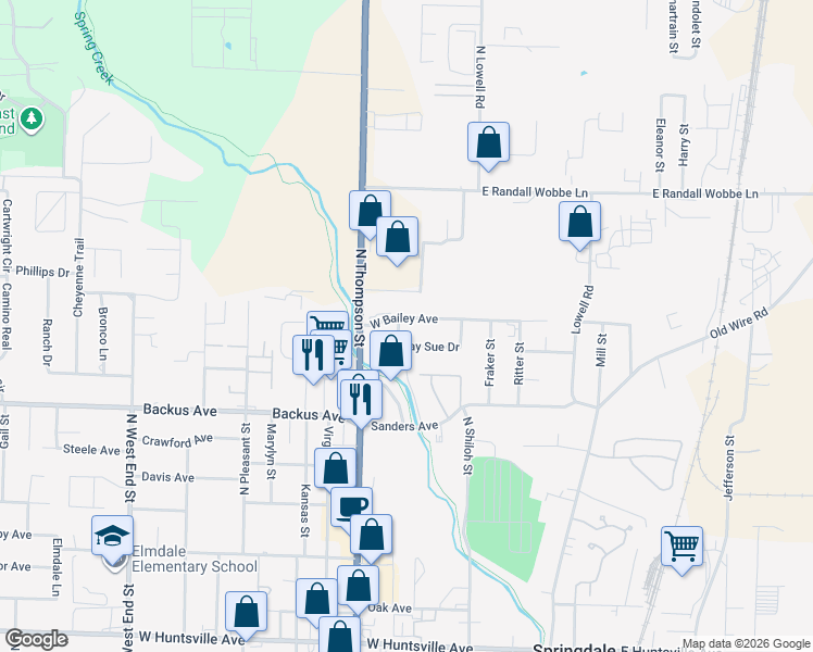 map of restaurants, bars, coffee shops, grocery stores, and more near 807 Kay Sue Drive in Springdale