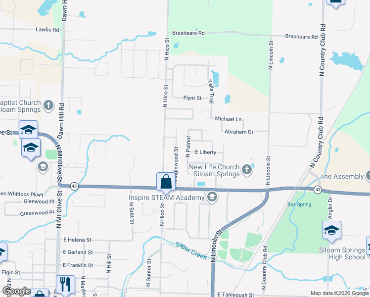 map of restaurants, bars, coffee shops, grocery stores, and more near 1610 North Patriot in Siloam Springs