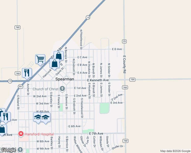 map of restaurants, bars, coffee shops, grocery stores, and more near 400-498 East Kenneth Avenue in Spearman