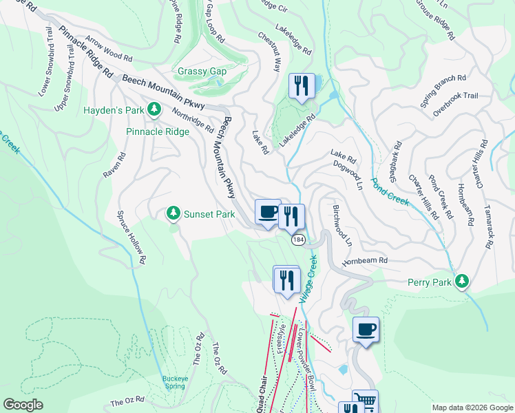 map of restaurants, bars, coffee shops, grocery stores, and more near 138 Village Cluster Road in Beech Mountain