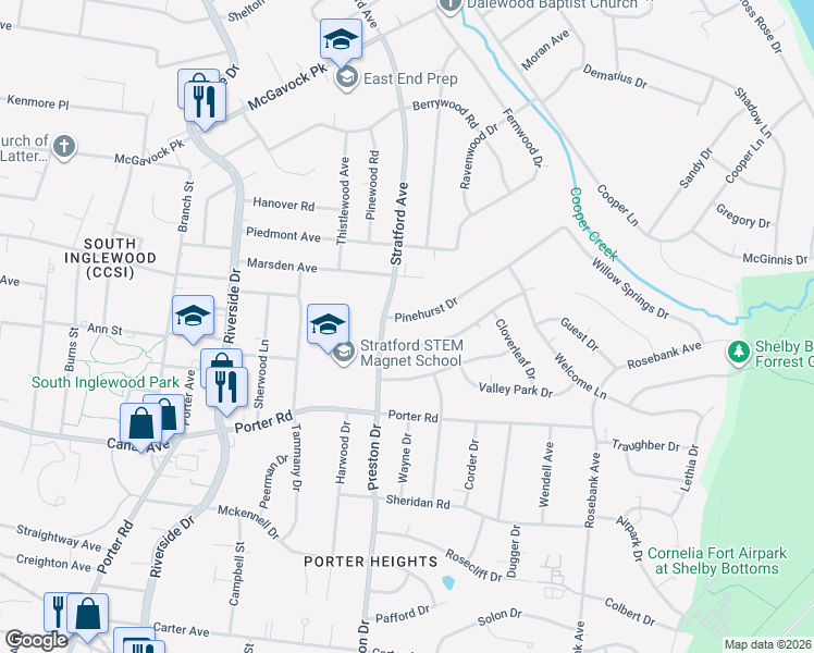 map of restaurants, bars, coffee shops, grocery stores, and more near 1904 Pinehurst Drive in Nashville