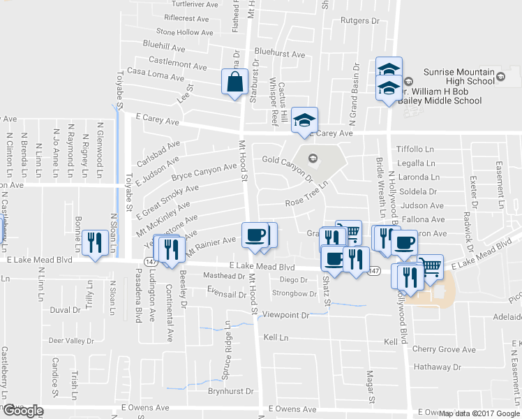 map of restaurants, bars, coffee shops, grocery stores, and more near 6345 Rose Tree Lane in Las Vegas