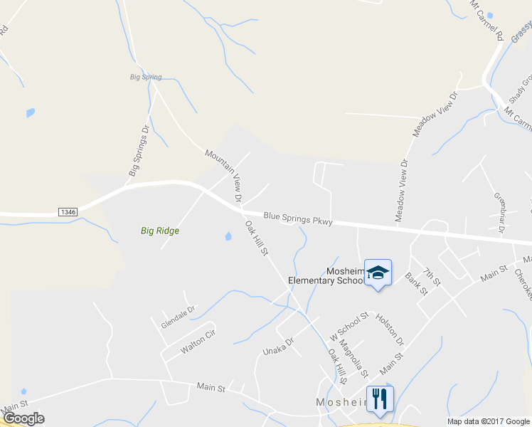 map of restaurants, bars, coffee shops, grocery stores, and more near 8058 Blue Springs Parkway in Mosheim