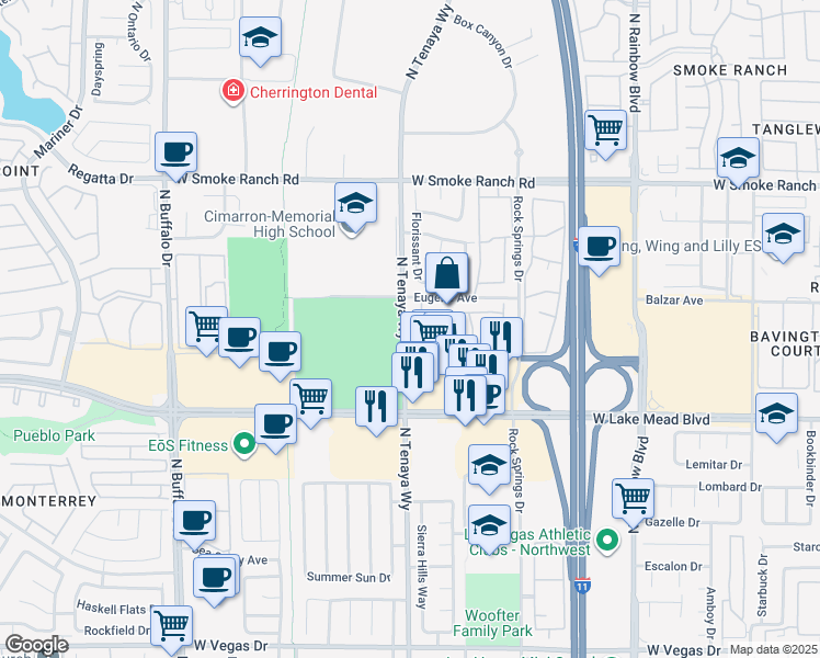 map of restaurants, bars, coffee shops, grocery stores, and more near 2150 North Tenaya Way in Las Vegas