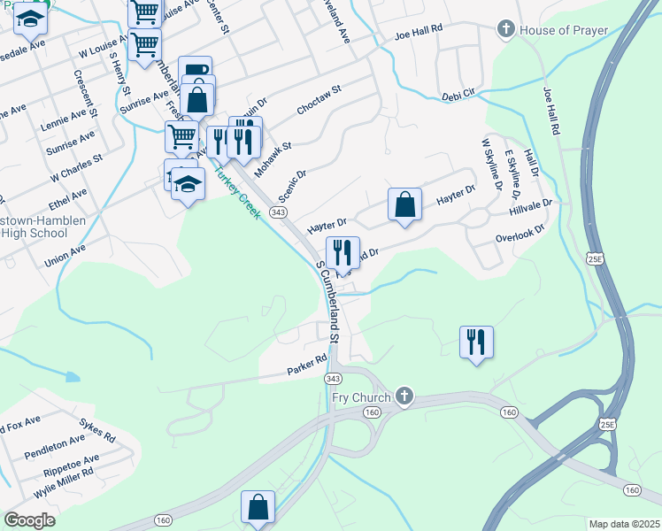 map of restaurants, bars, coffee shops, grocery stores, and more near 1617 South Cumberland Street in Morristown