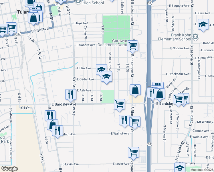 map of restaurants, bars, coffee shops, grocery stores, and more near 909 East Cedar Avenue in Tulare