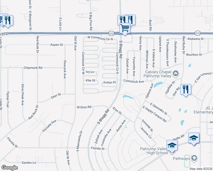 map of restaurants, bars, coffee shops, grocery stores, and more near 91 Queenstar Street in Pahrump