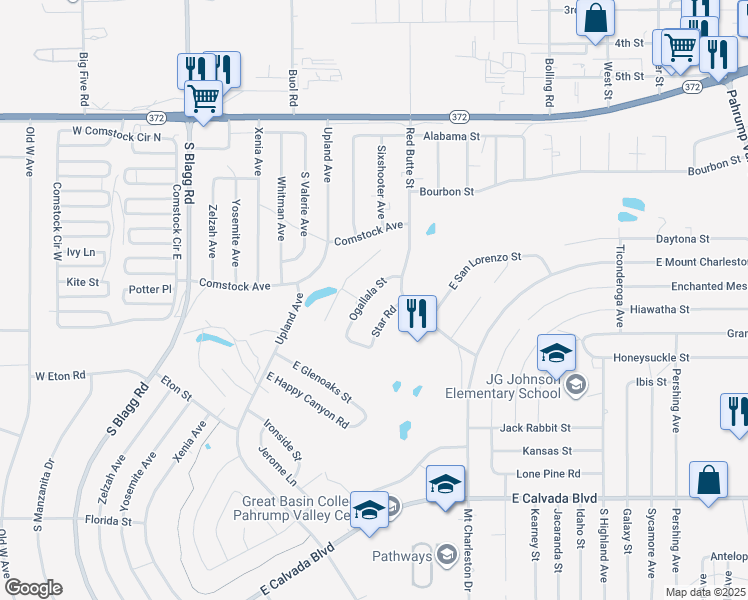 map of restaurants, bars, coffee shops, grocery stores, and more near 1361 Ogallala Street in Pahrump