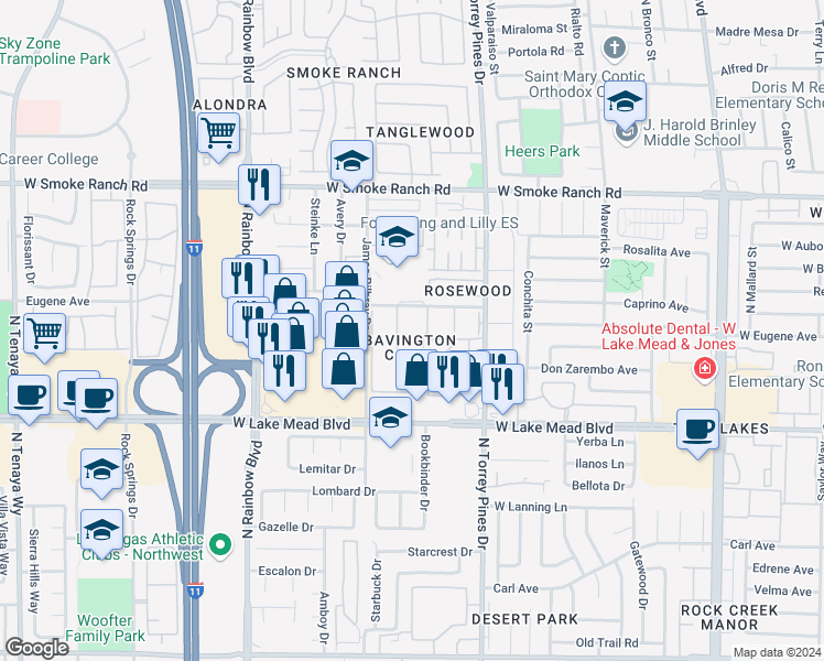 map of restaurants, bars, coffee shops, grocery stores, and more near 2124 Willowbury Drive in Las Vegas